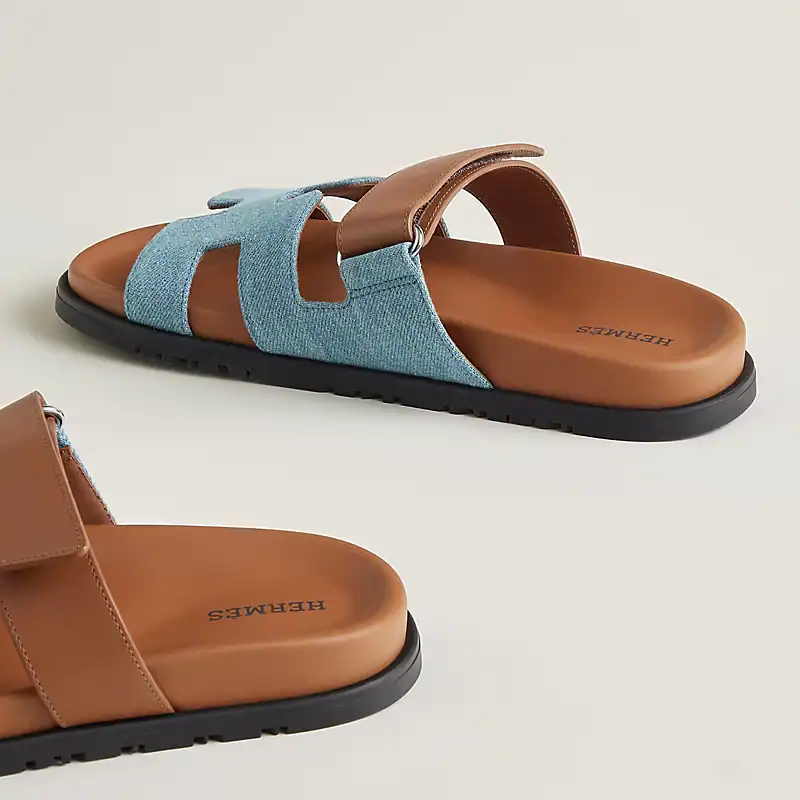 HERMES Denim Calfskin Chypre Sandals Bleu Clair Naturel - Image 7