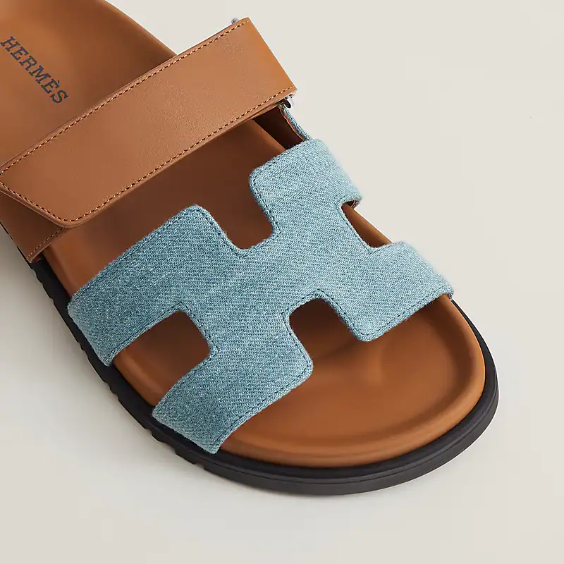 HERMES Denim Calfskin Chypre Sandals Bleu Clair Naturel - Image 6