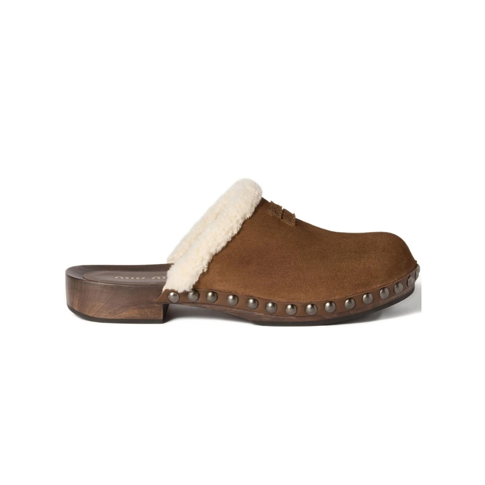 Miu Miu Shearling-Lined Suede Clogs In Brown. 