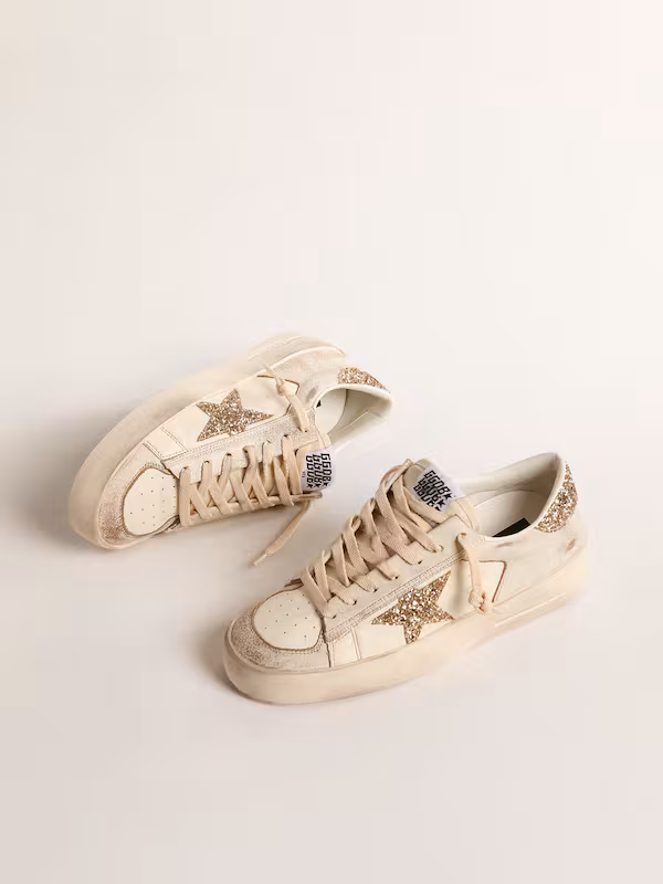 Women’s Stardan in Ecru Nappa Leather With Gold Glitter Star And Heel Tab - Image 3