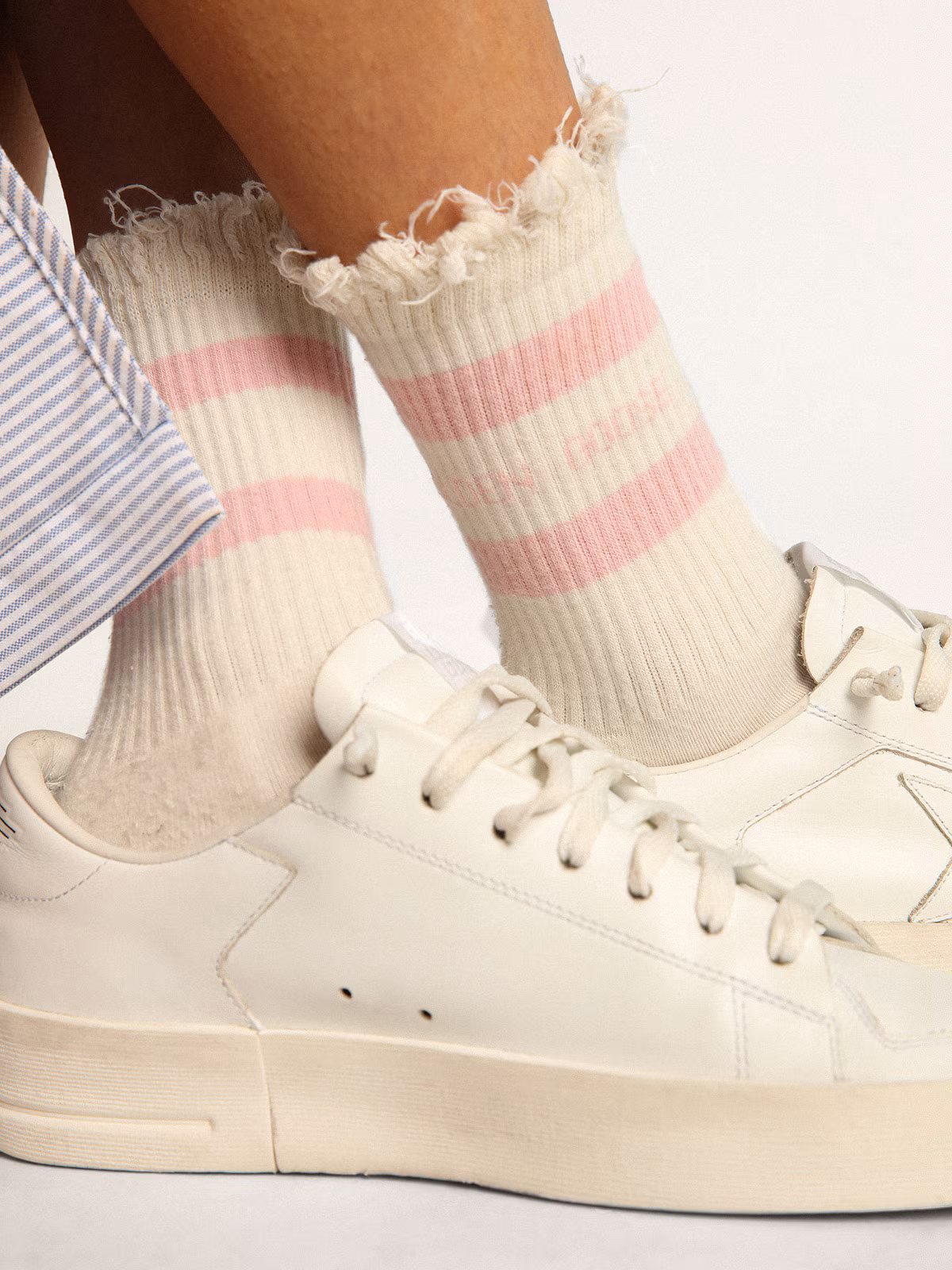Distressed-Finish White Socks With Baby-Pink Logo And Stripes - Image 4