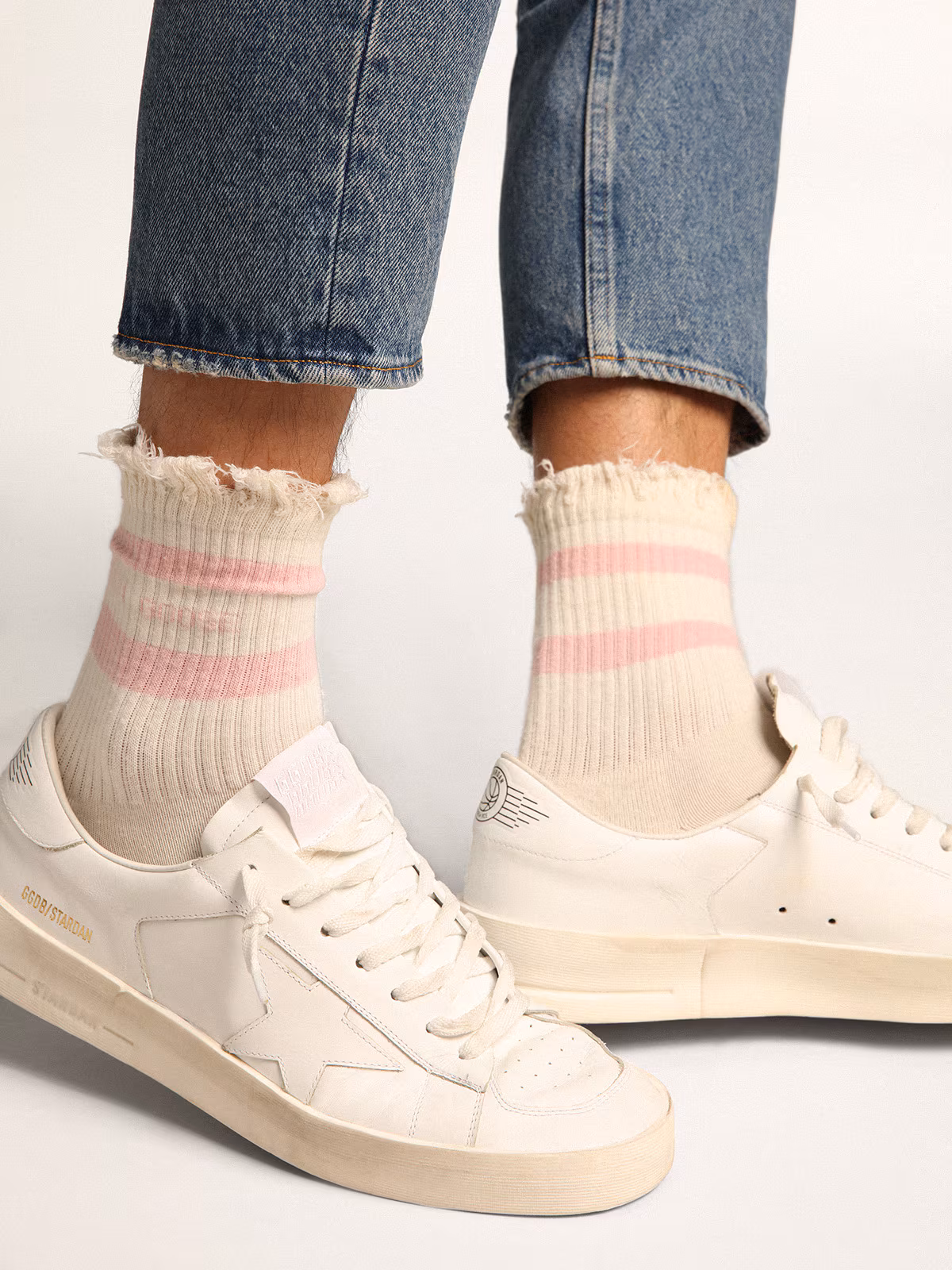 Distressed-Finish White Socks With Baby-Pink Logo And Stripes - Image 5