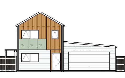 Modern eco-friendly house design with wooden cladding and spacious balcony, ideal for family living.