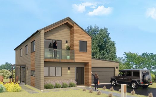 Modern two-story house with a balcony and garage, surrounded by greenery.