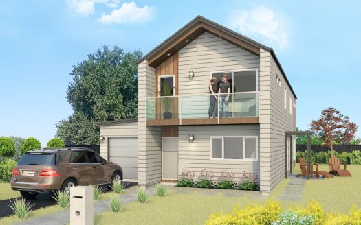 Modern two-storey family home with outdoor balcony and garden in New Zealand.