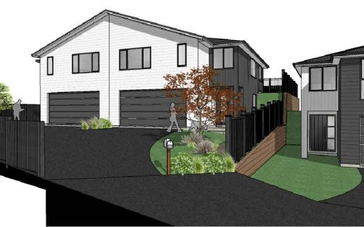 Modern family homes with outdoor landscaping and fencing in New Zealand.