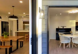 Modern open-plan family home interior showcasing stylish kitchen and dining areas.