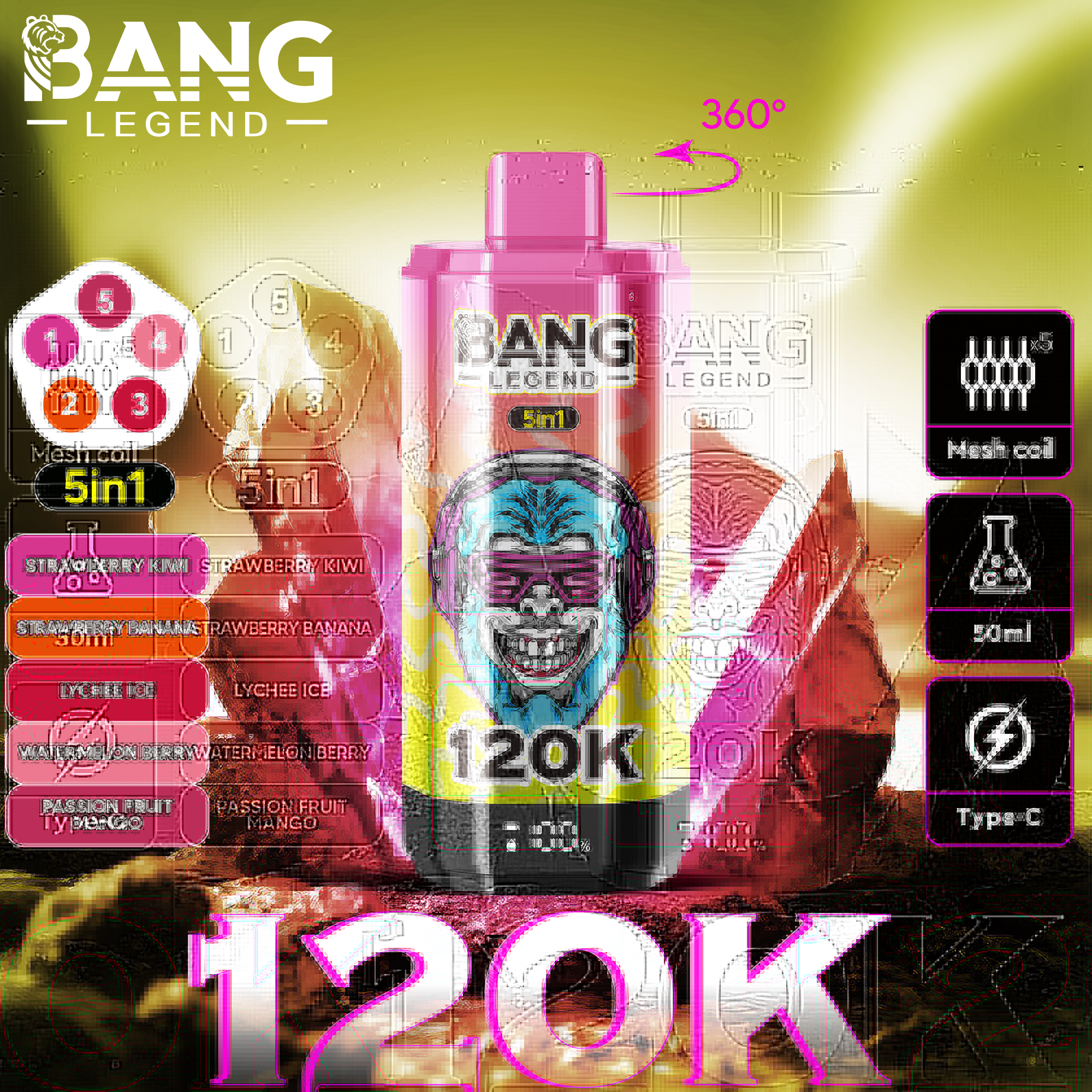 Bang Legend 120K Strawberry Kiwi/Strawberry Banana/Lychee Ice/Watermelon Berry/Passion Fruit Mango