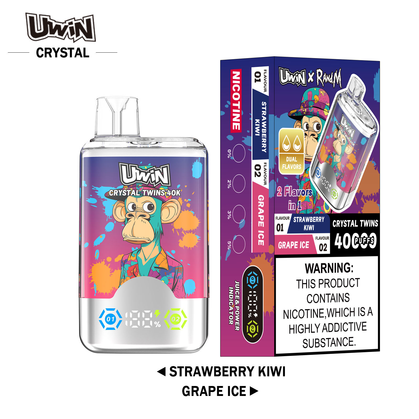 Uwin Crystal Twins 40000 Strawberry Kiwi/Grape Ice