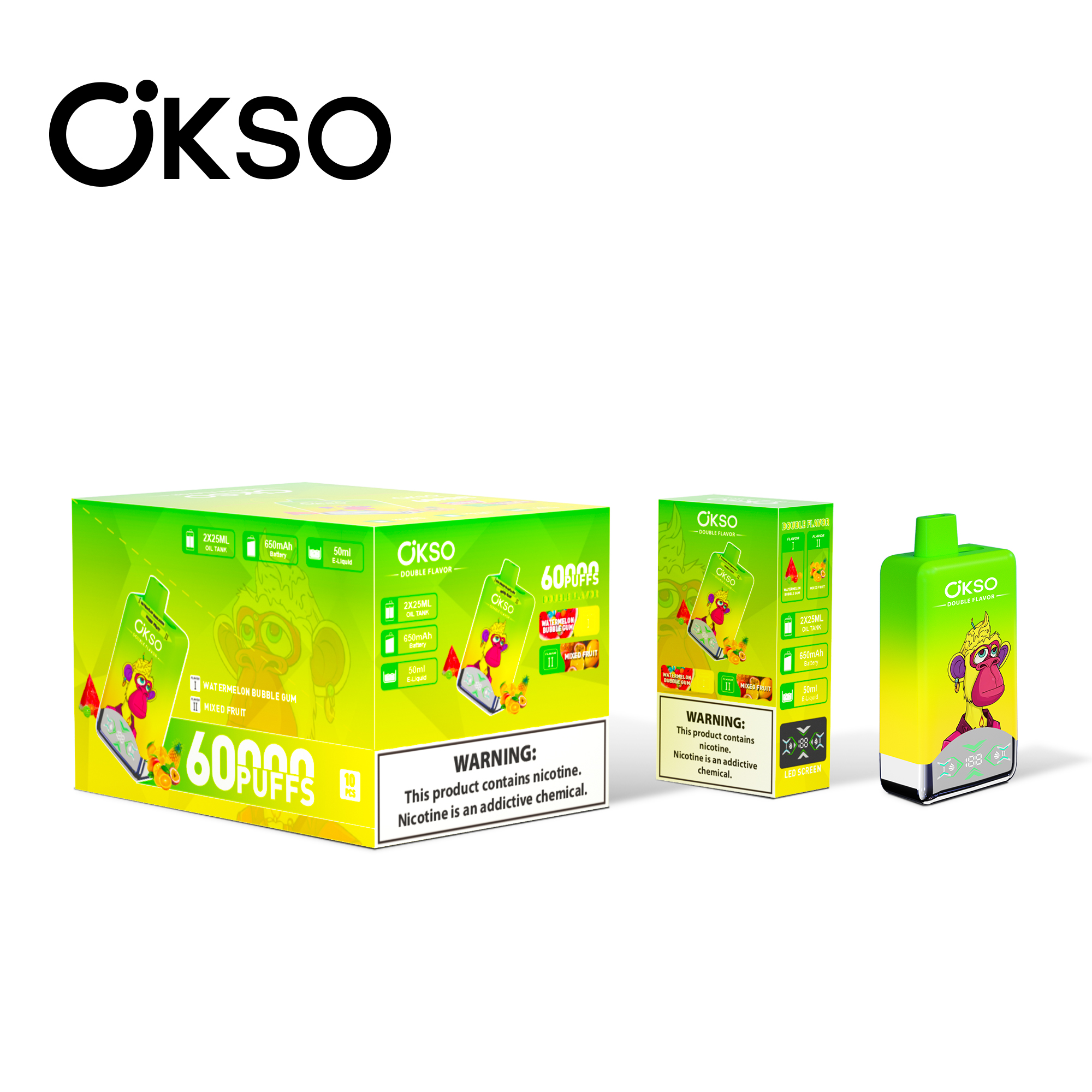 OKSO Double Flavor 60000 Watermelon Bubble Gum/Mixed Fruit