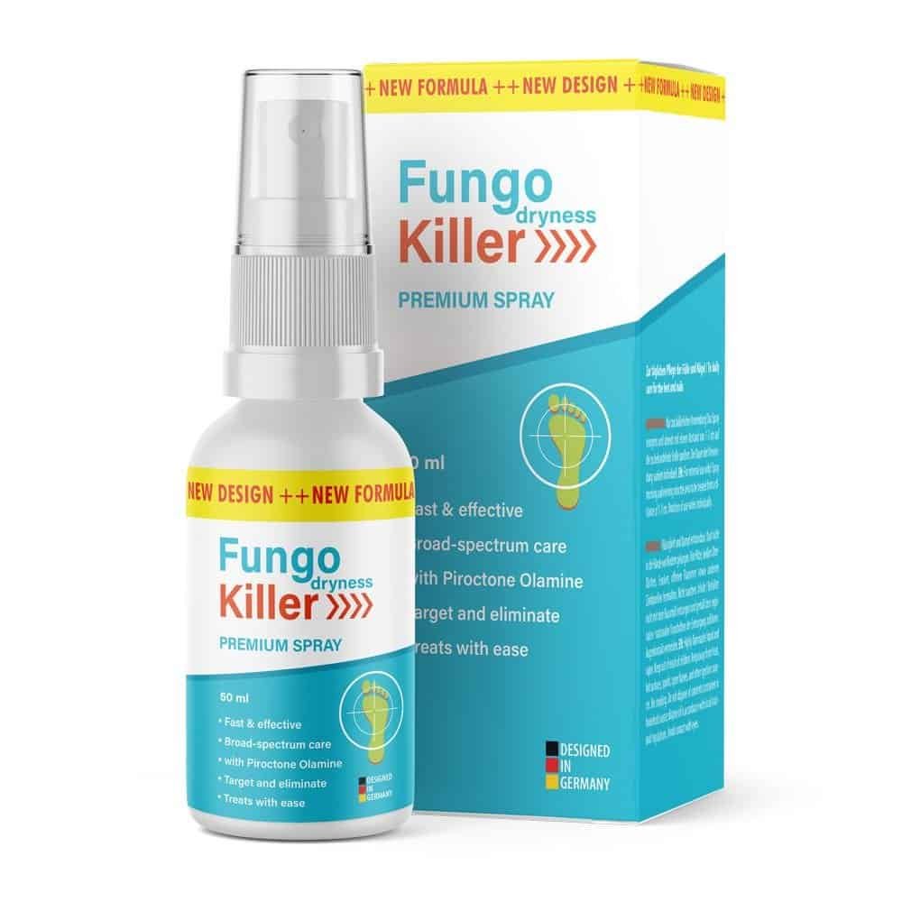Flacone e confezione dello spray Fungo Killer, trattamento premium per eliminare la micosi delle unghie con una nuova formula potente progettata in Germania