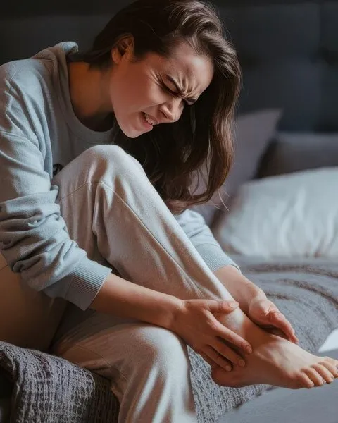 Donna che prova dolore e disagio al piede a causa della micosi, evidenziando l'impatto negativo dei funghi sulla qualità della vita prima del trattamento Fungo Killer.