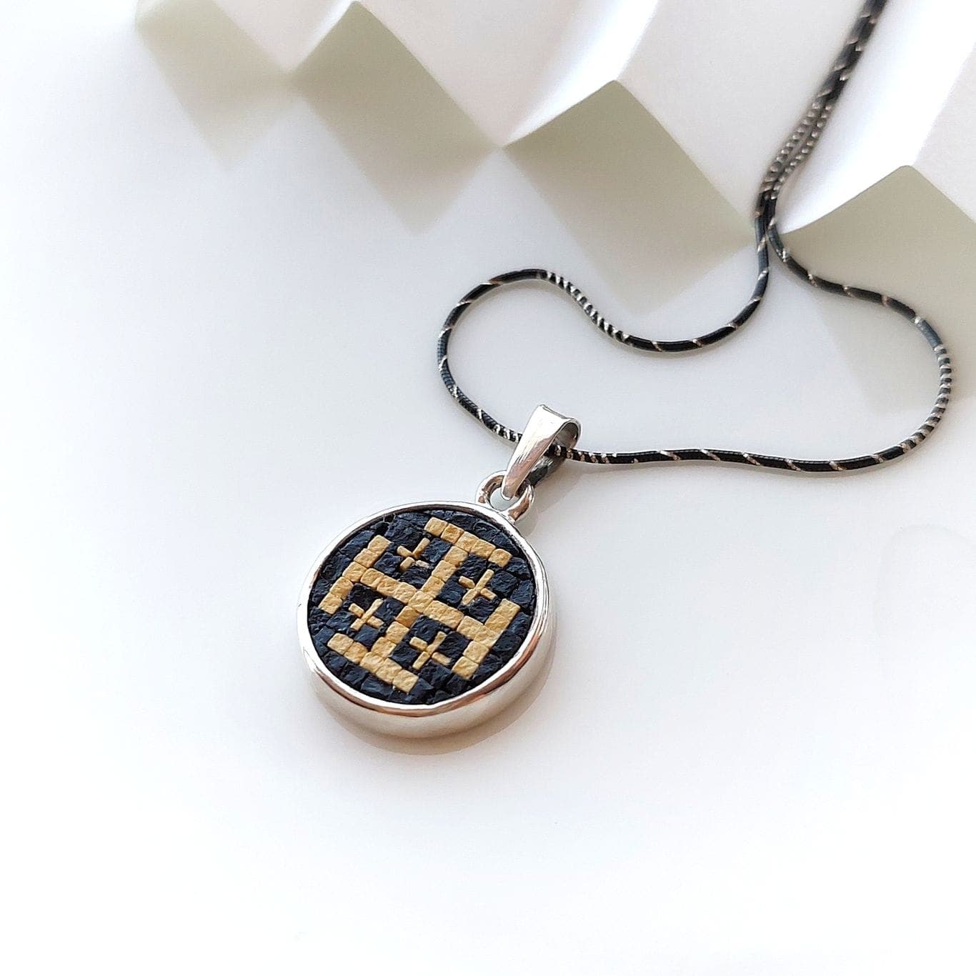 Handmade Micro Mosaic Jerusalem Cross Necklace and Pendant with Holy Land Black Stone