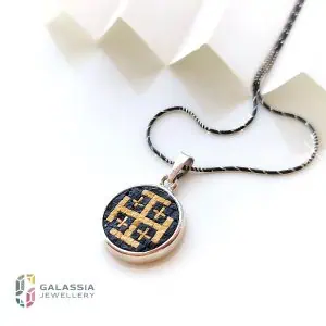 Handmade Micro Mosaic Jerusalem Cross Necklace and Pendant with Holy Land Black Stone