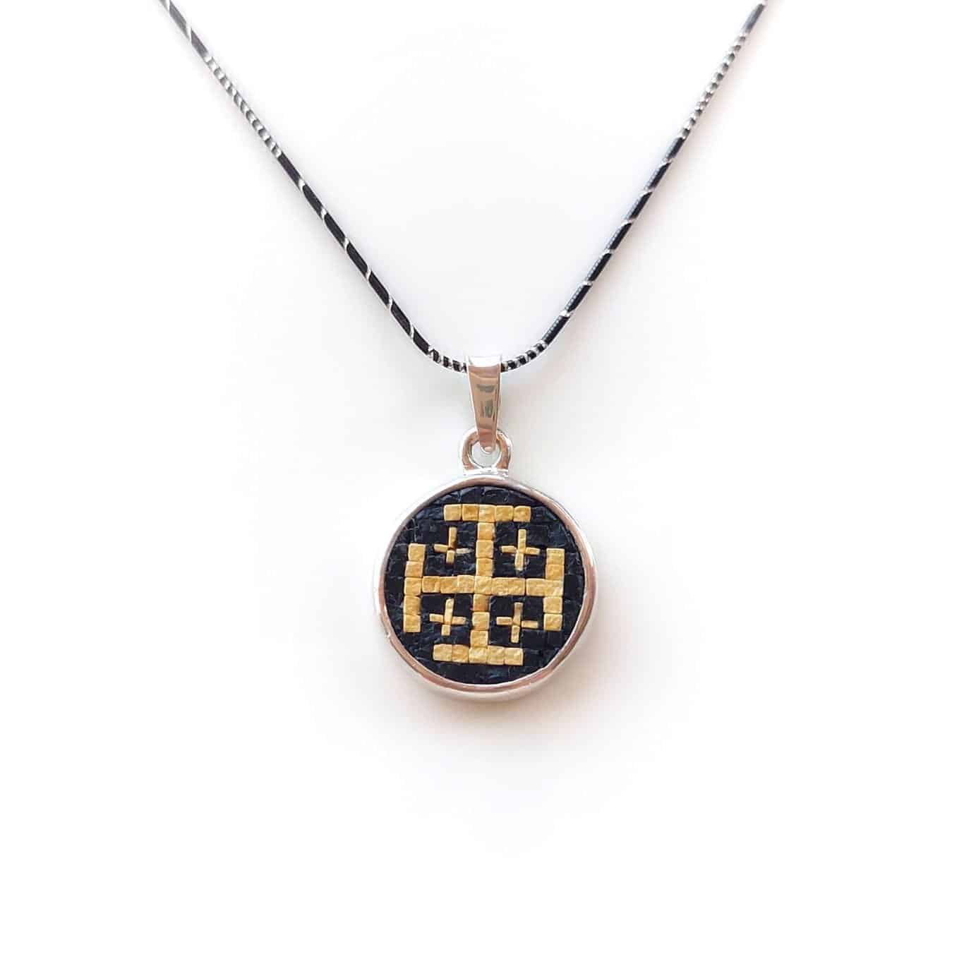 Handmade Micro Mosaic Jerusalem Cross Necklace and Pendant with Holy Land Black Stone
