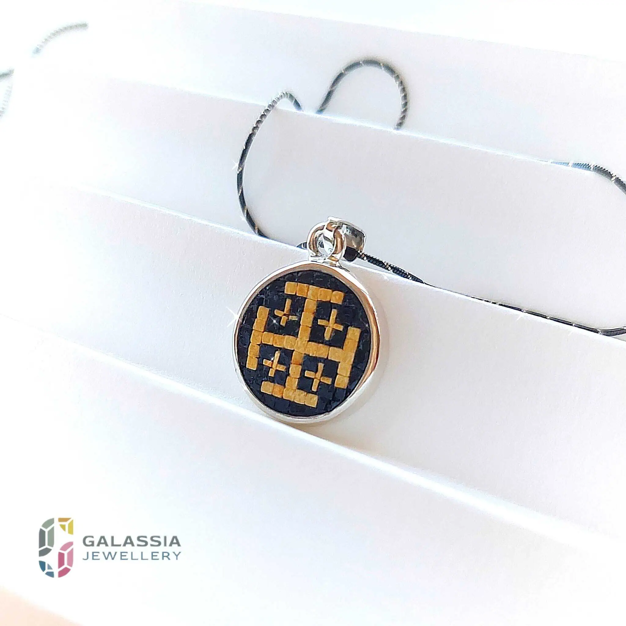 Handmade Micro Mosaic Jerusalem Cross Necklace and Pendant with Holy Land Black Stone