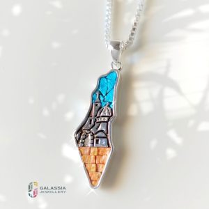 Colorful mosaic pendant shaped like Palestine