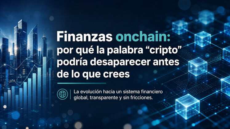 Ilustración de finanzas onchain con edificios digitales y tecnología blockchain