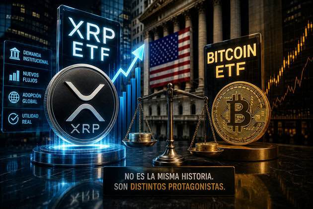 Ilustracion grafica sobre Etf de Xrp vs Etf de Bitcoin y en medio una balanza de juicio.