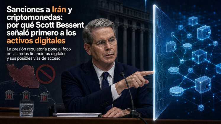 Scott Bessent, en una comparecencia financiera, señala una red digital de transacciones y activos digitales. A la izquierda aparecen el mapa de Irán, símbolos de sanciones y bancos bloqueados; a la derecha, una barrera regulatoria frente a una red de blockchain.