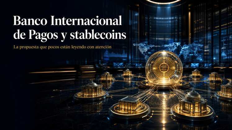 Portada editorial hiperrealista sobre el Banco Internacional de Pagos y las stablecoins, con una esfera dorada que representa una moneda digital conectada a varios edificios institucionales mediante una red de pagos globales, en un entorno financiero oscuro con iluminación azul y dorada.