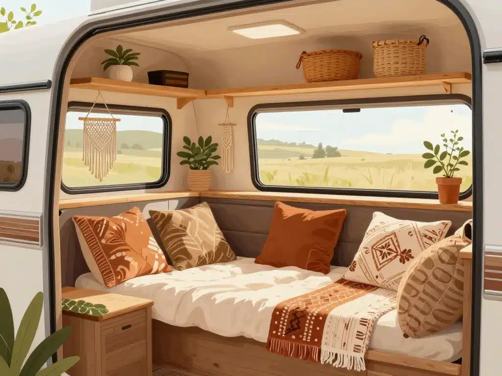 Intérieur caravane boheme avec coussins et textiles chaleureux