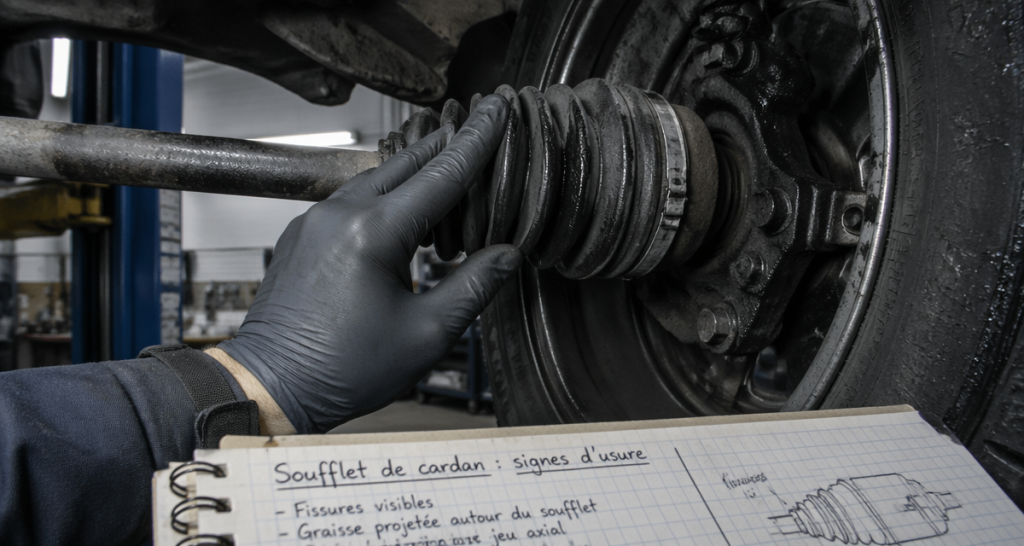 Soufflet de cardan fissuré inspecté en atelier