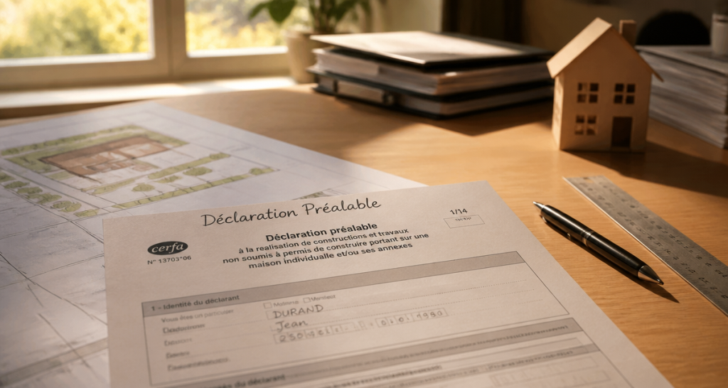 cerfa 13703 6 à imprimer sur bureau avec plan et stylo