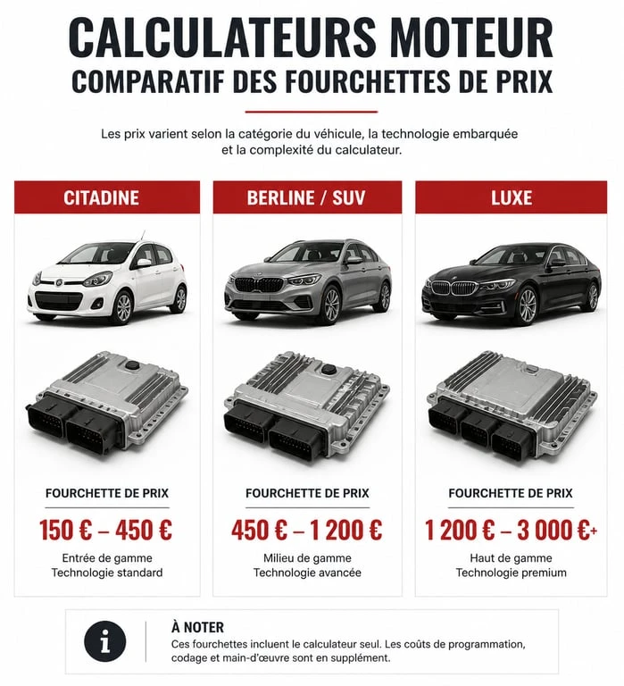 Infographie comparative des prix des calculateurs moteur par catégorie de véhicule