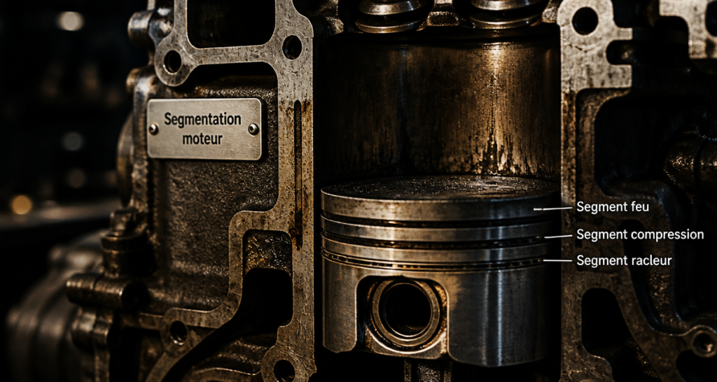 Segmentation moteur, piston et trois segments en coupe