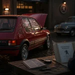 Ancienne Peugeot 205 GTI rouge sur pavés humides