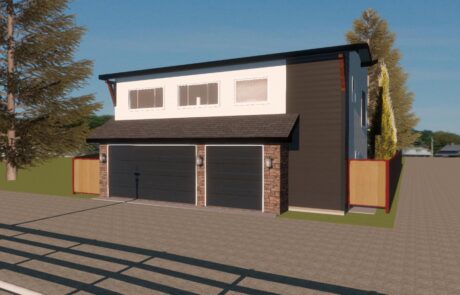Contemporary two-storey house with two-car garage, brick accents, and sleek exterior finish.