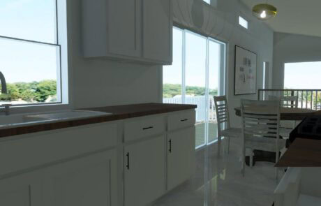 Bright modern kitchen with large windows and dining area.