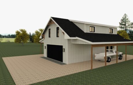 A stylish modern farmhouse features a spacious garage, outdoor carport, and scenic landscape. Perfect for family's comfort and convenience.