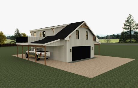 Outdoor garage with covered parking for pickup truck, attached to a modern farmhouse.