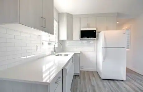 Bright, minimalist kitchen design with grey cabinets, white countertops, and stainless appliances.