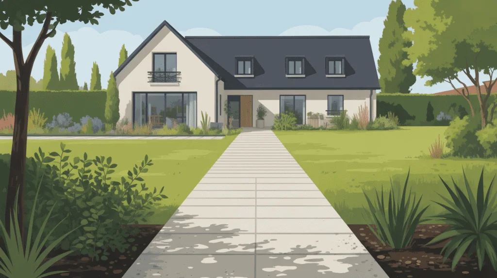 Vue allée carrossable gravier sans stabilisateur paysagée