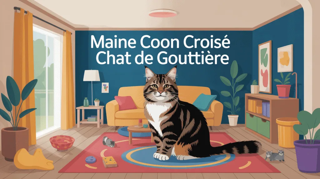 maine coon croisé chat de gouttière dans une maison ambiance chaleureuse
