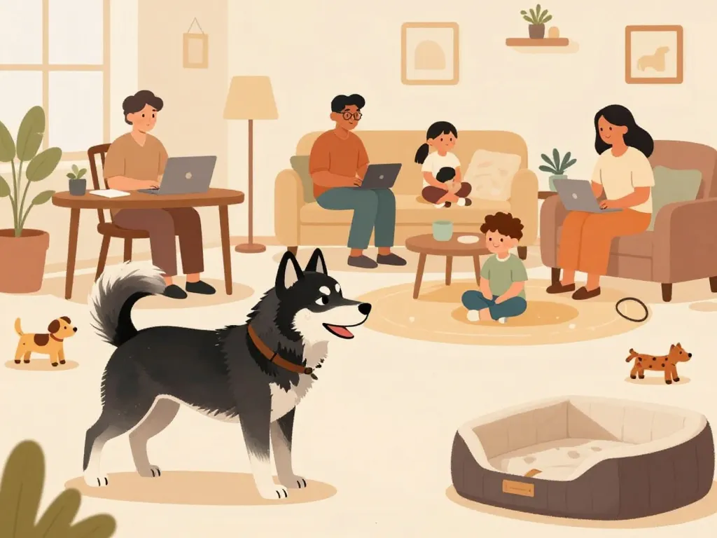 pomsky noir scène famille maison