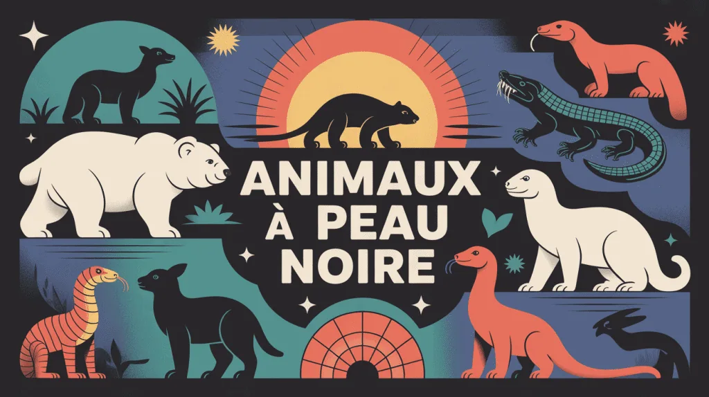 Illustration centrale animal à peau noire ours polaire poule Ayam Cemani lézard
