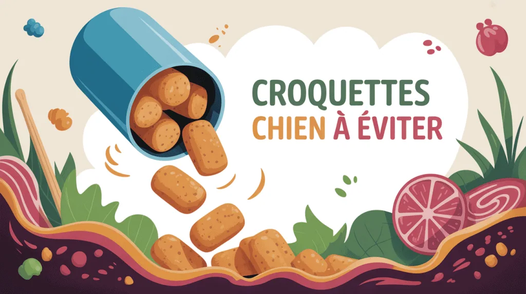 croquette chien à éviter, illustration gamelle et croquettes douteuses