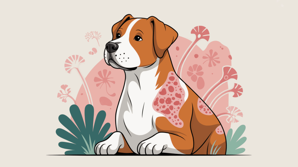 Psoriasis chien : chien avec plaques rouges et squames, style rassurant