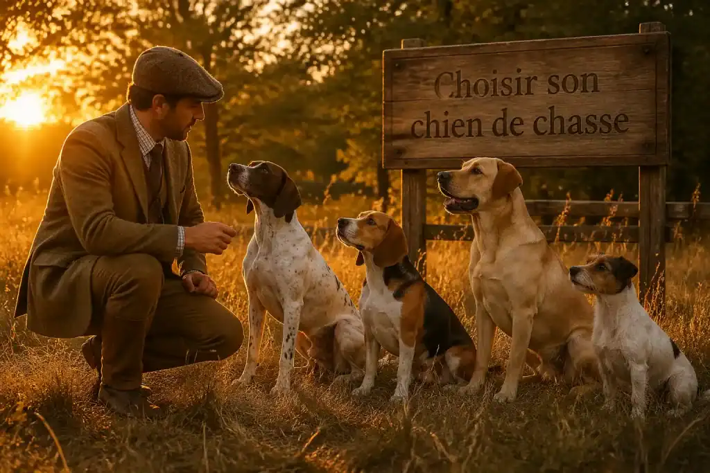 quatre chiens de chasse avec chasseur en clairière