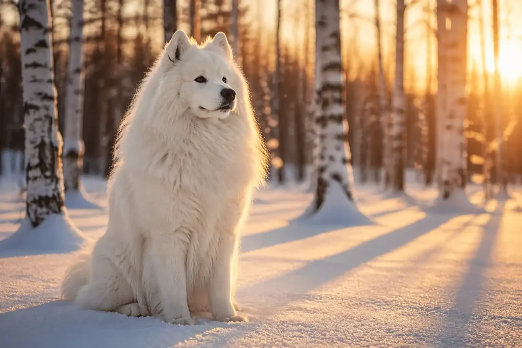 samoyède assis sur neige en forêt