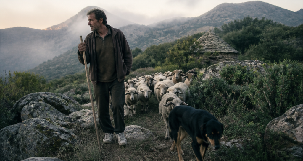 berger corse avec chien et brebis dans le maquis