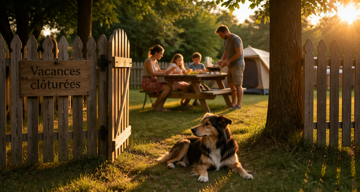 Camping avec emplacement clôturé pour chien, chien détendu et famille
