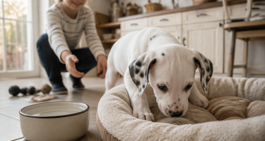 chiot dalmatien blanc avec taches dans cuisine