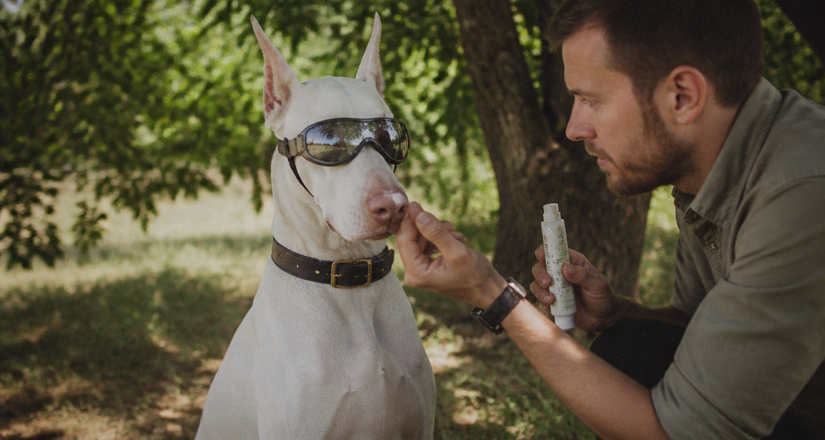 doberman blanc assis sur l'herbe avec lunettes de soleil