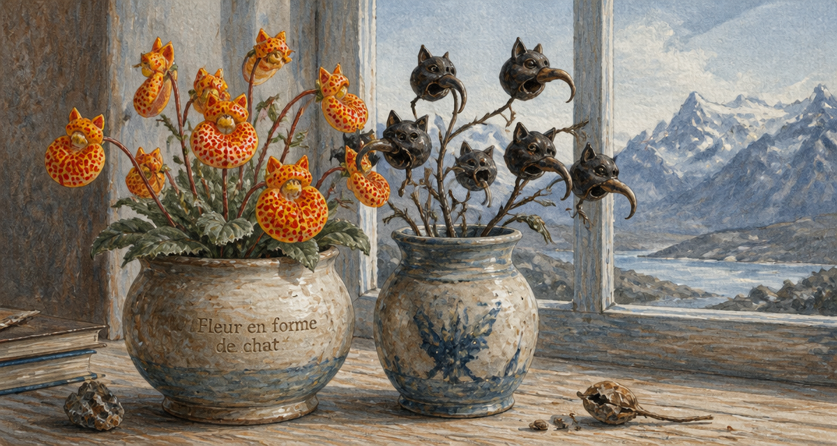 fleur en forme de chat en pot calceolaria et martynia