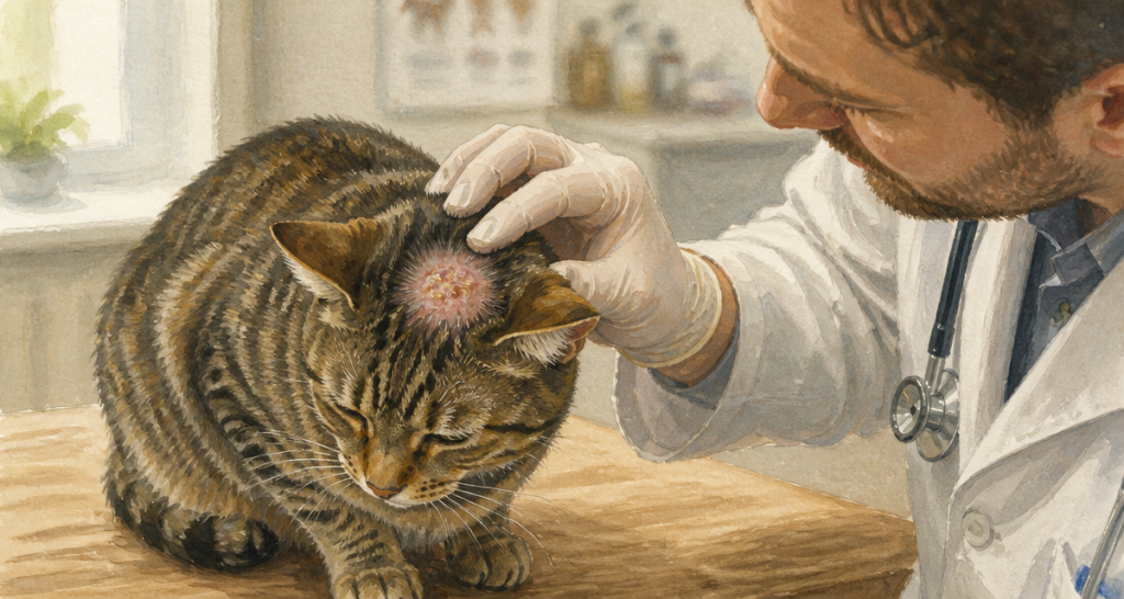 photo teigne chat lésion tête examinée